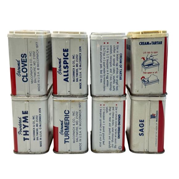 Vintage 1970s McCormick Spice Tins 8 Oregano Turmeric Cloves Allspice Thyme Sage - Picture 8 of 11